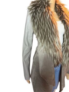 Black Tape_ Taupe Faux Fur-Trim Suede-Look Trench Coat